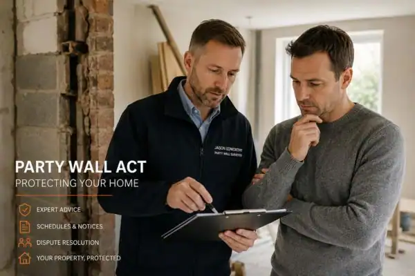 Party wall surveyor Wisbech discussing extension plans with homeowner outside a UK semi-detached house.